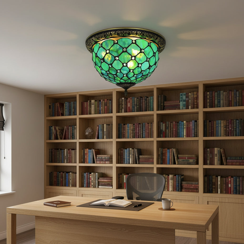 Plafonnier Style Tiffany en Vitrail Vert