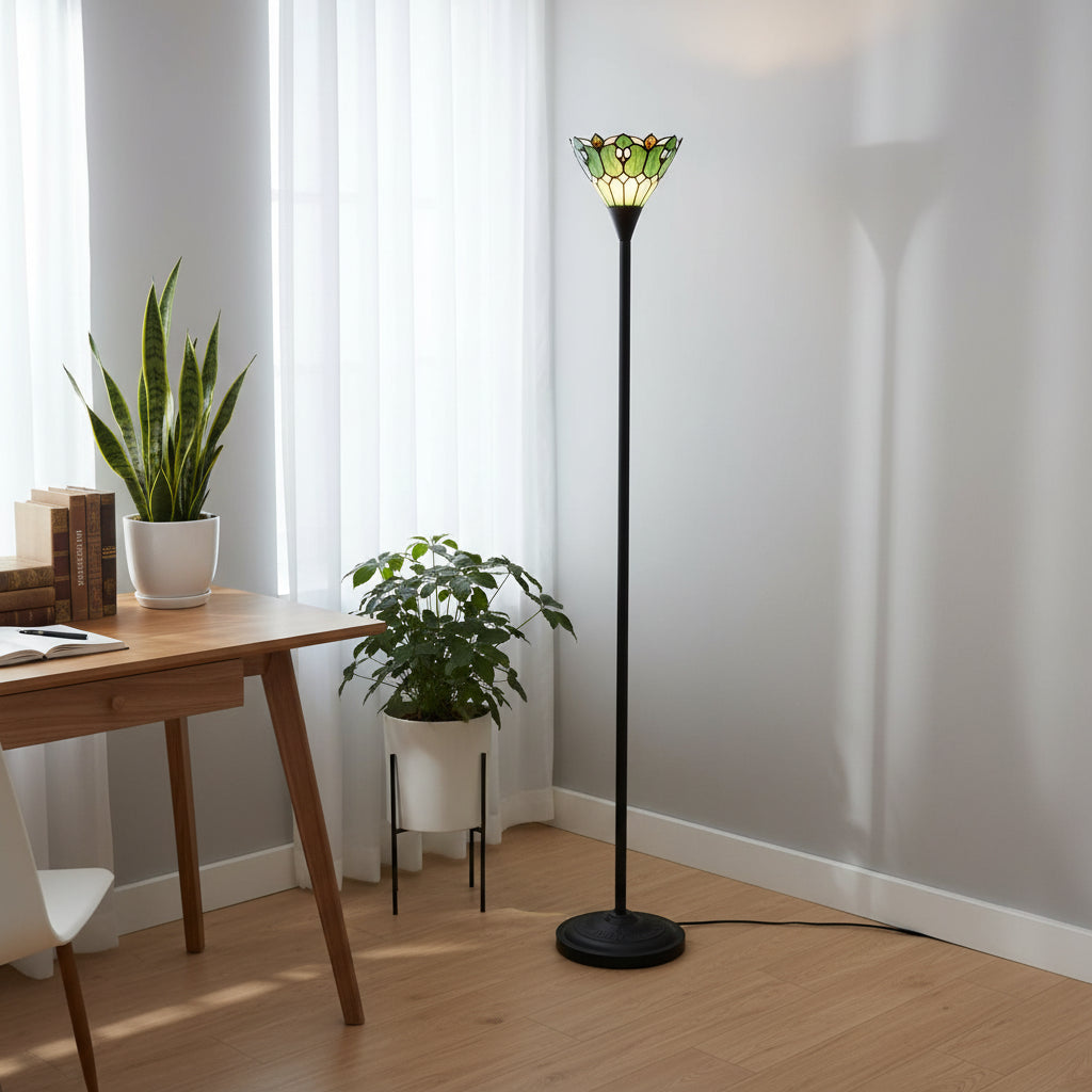 Lampadaire Style Tiffany en Vitrail Vert et Crème