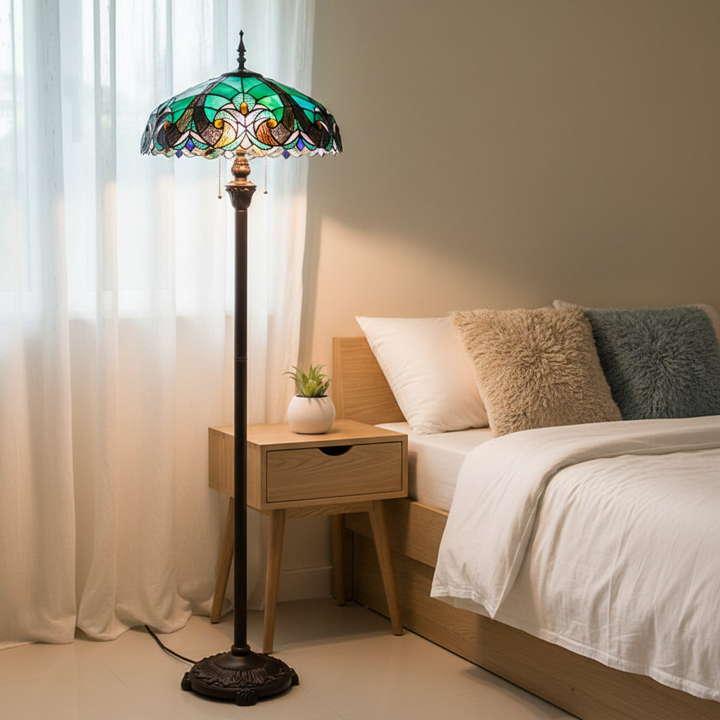 Lampadaire Style Tiffany en Verre Coloré Turquoise