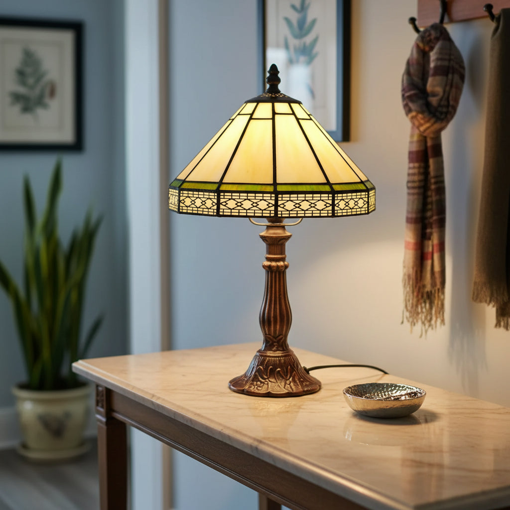 Lampe à Poser Tiffany en Vitrail Jaune et Vert