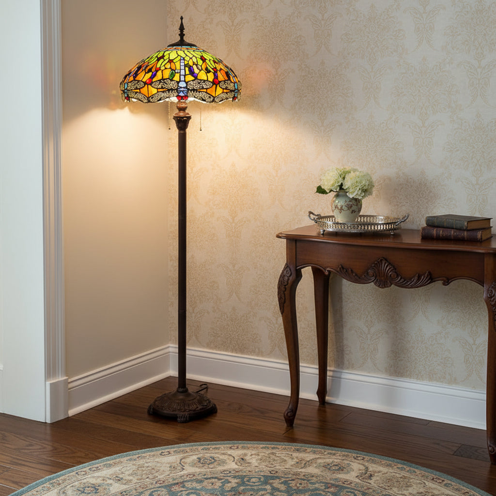 Lampadaire Tiffany en Verre Teinté Libellules