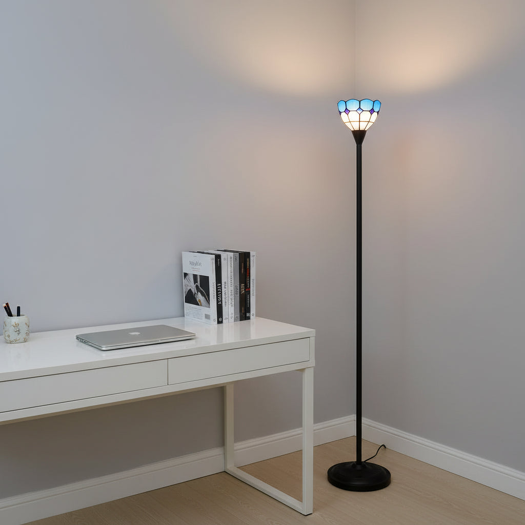Lampadaire en Vitrail Bleu et Blanc à Forme de Tulipe