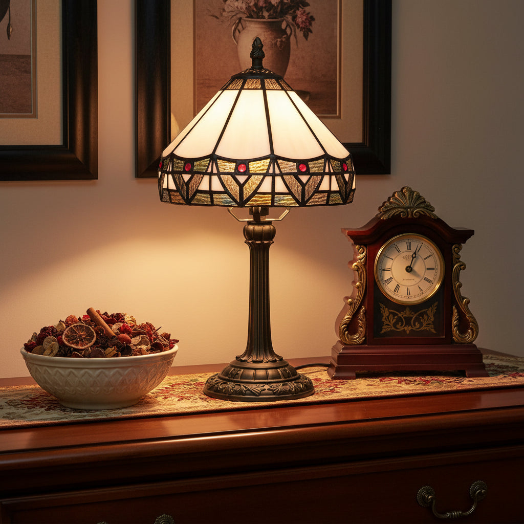 Lampe de Chevet en Vitrail Géométrique Style Tiffany Bronze