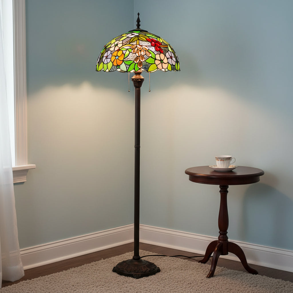 Lampadaire Style Tiffany en Verre Fleurs et Fruits