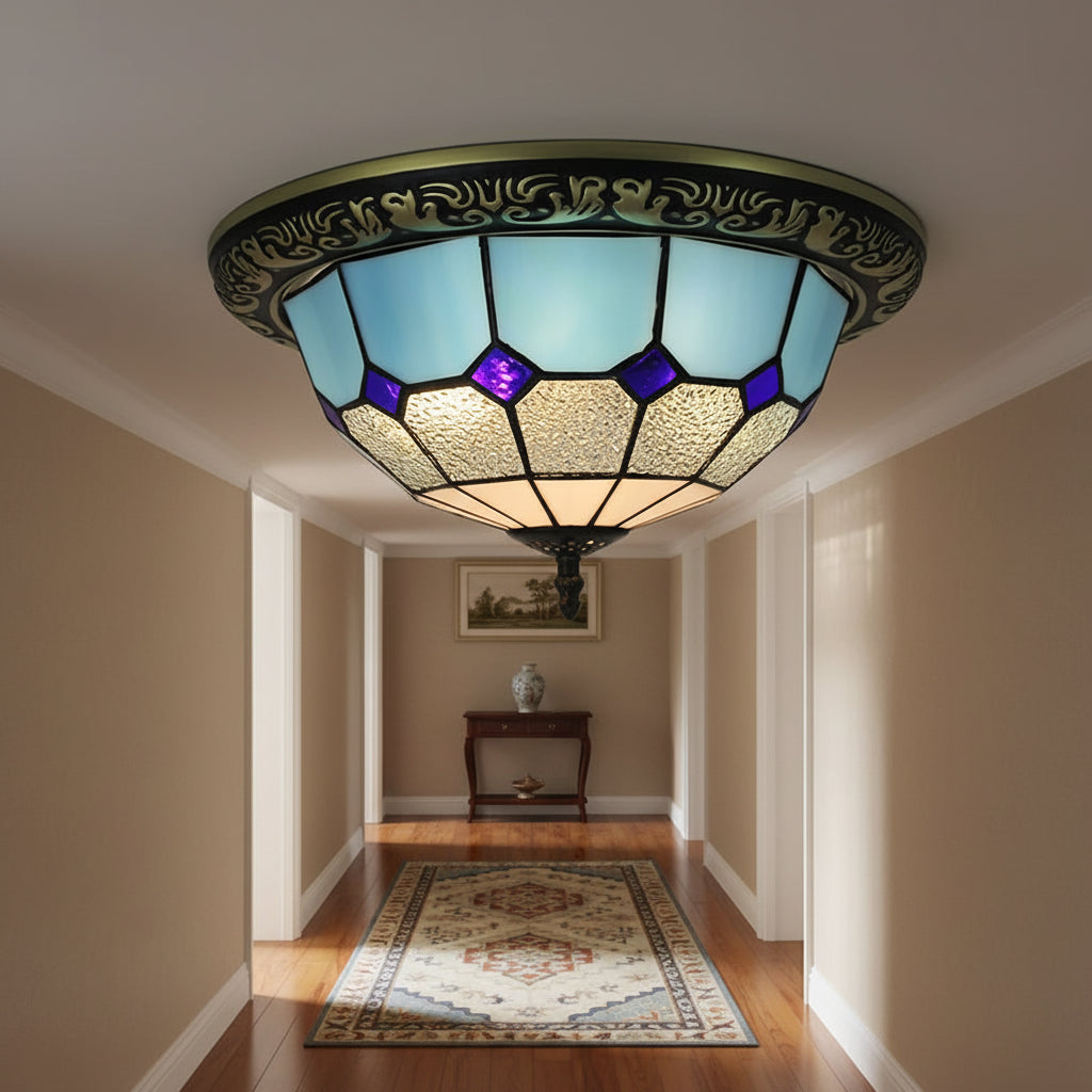 Plafonnier Style Tiffany Bleu Violet et Fer Forgé