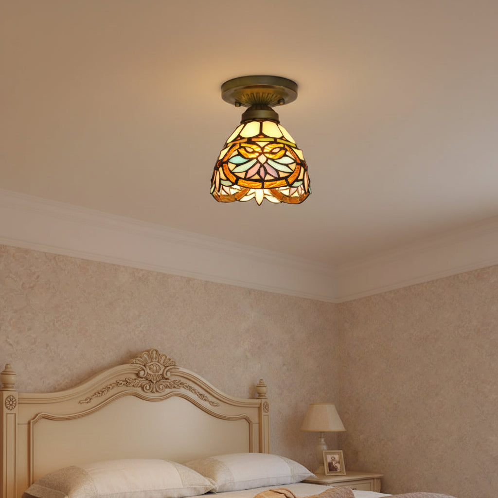 Plafonnier en Vitrail Style Tiffany Floral Bronze