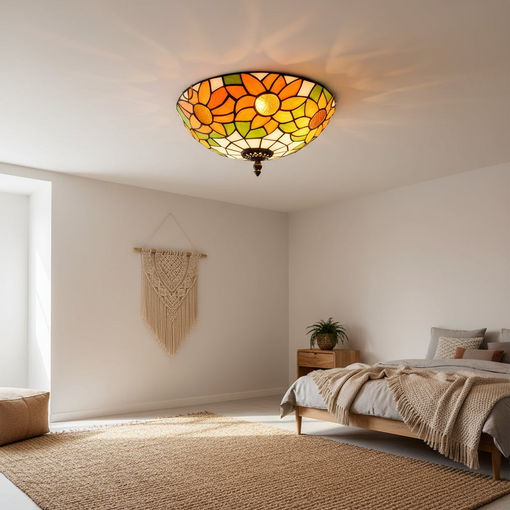 Plafonnier Rond en Vitrail Style Tiffany Tournesol