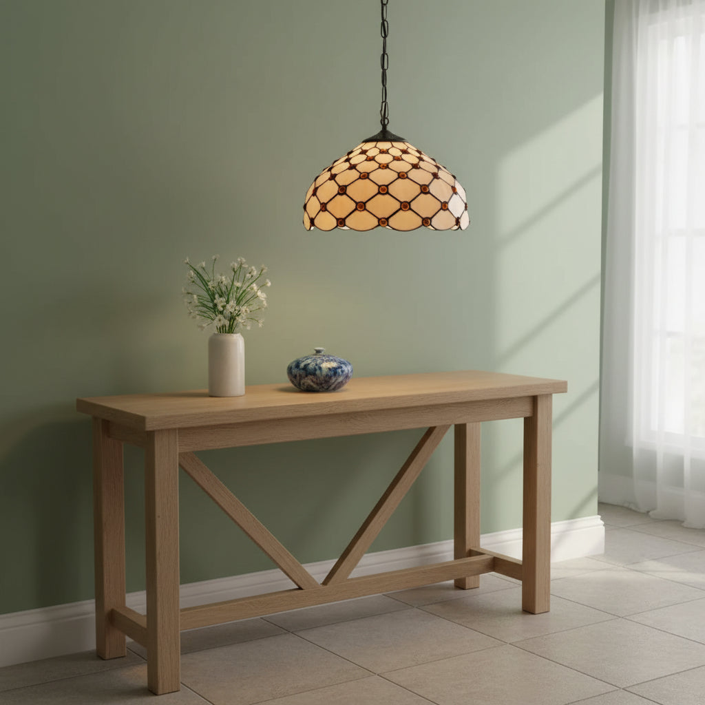 Suspension Luminaire Style Tiffany avec Joyaux Ambrés