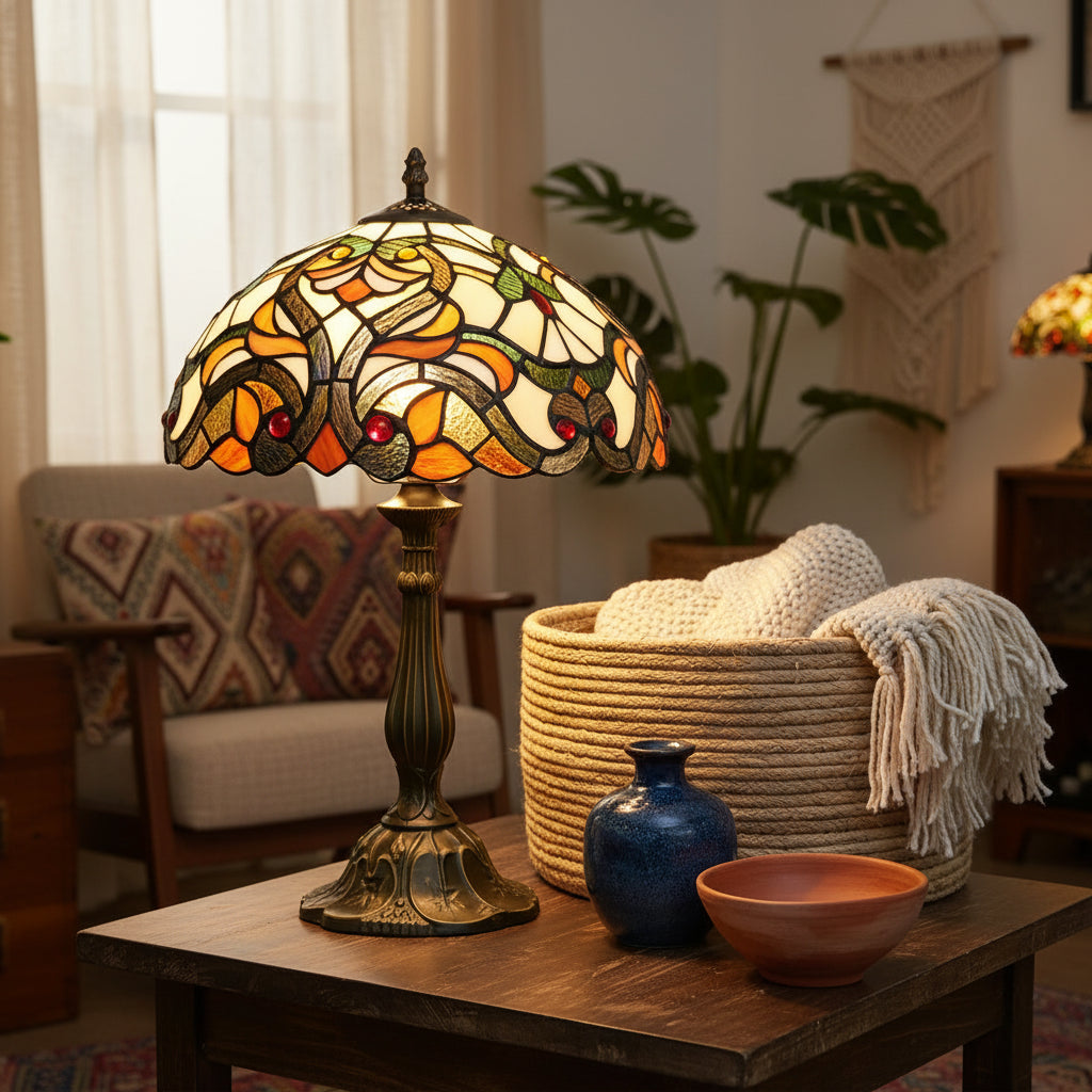 Lampe de Table Tiffany en Vitrail Ambre et Rouge