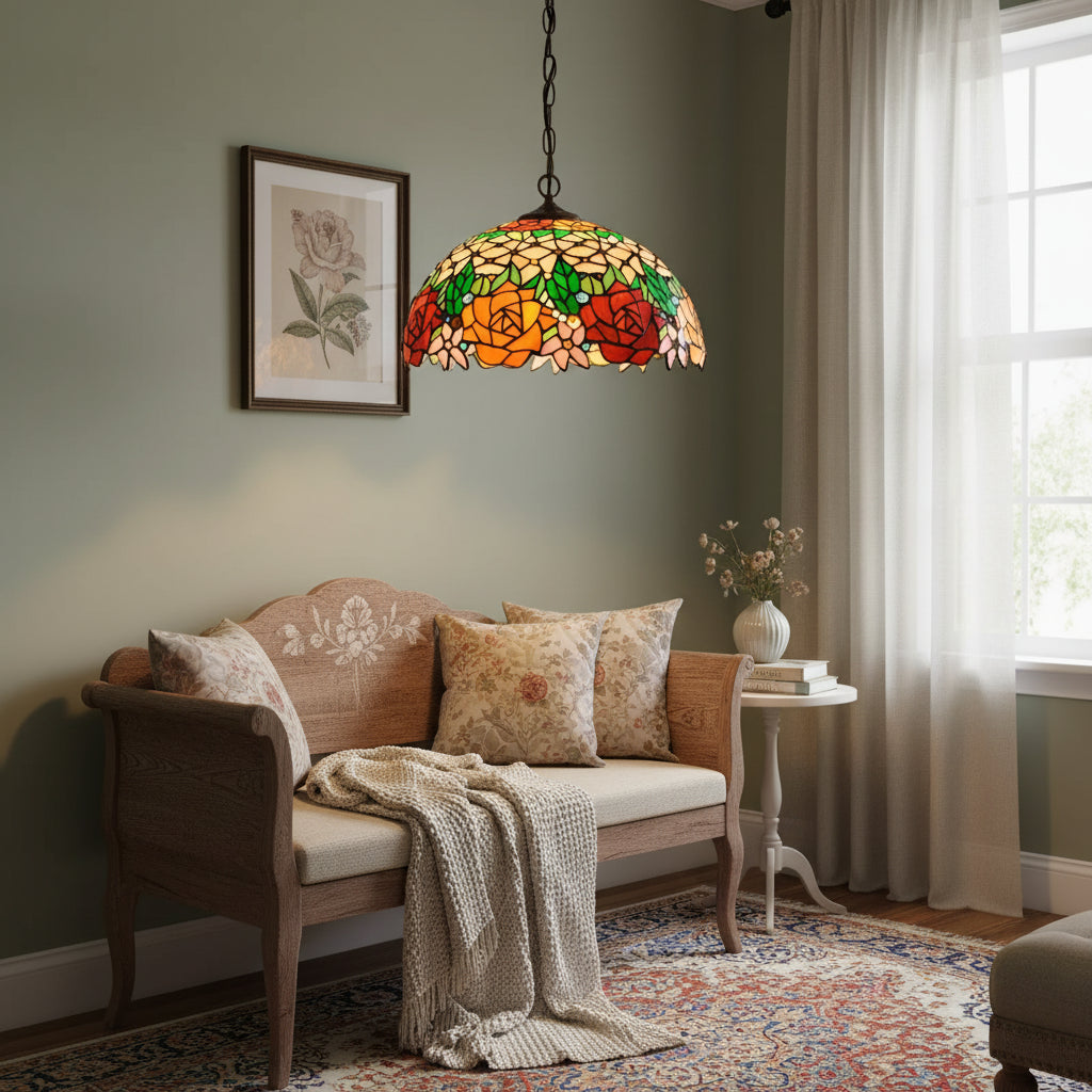 Suspension Style Tiffany en Vitrail à Roses Ø40cm