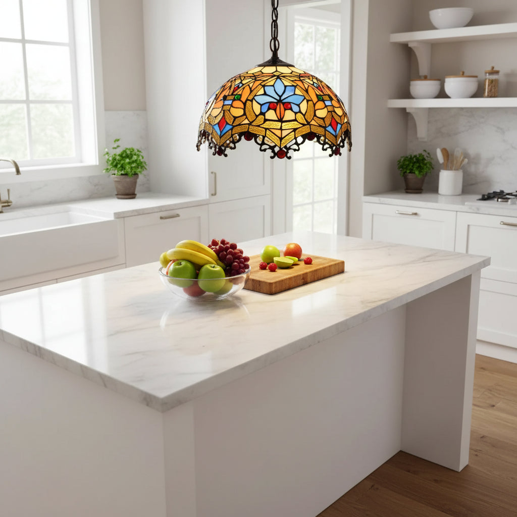 Suspension Luminaire Tiffany en Verre Ambré Floral 30cm