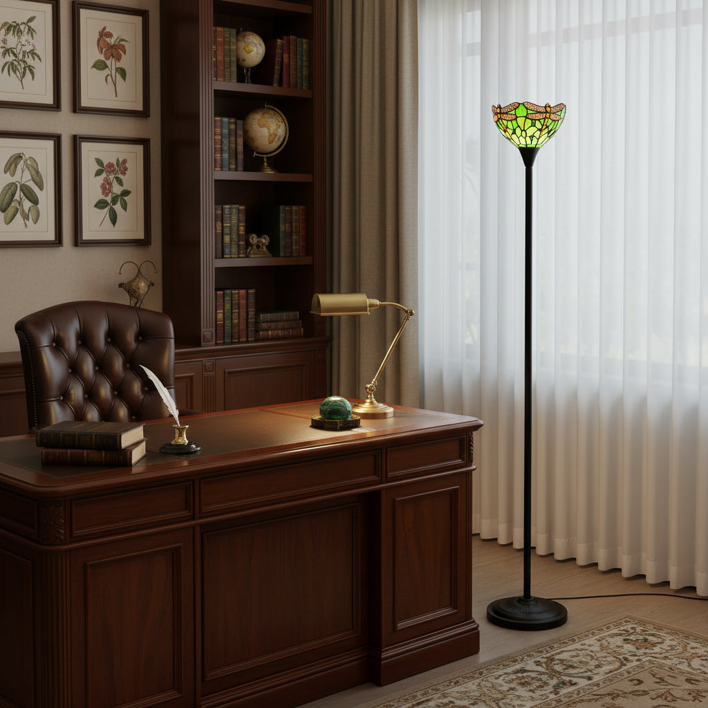 Lampadaire Style Tiffany en Vitrail à Libellules Vertes