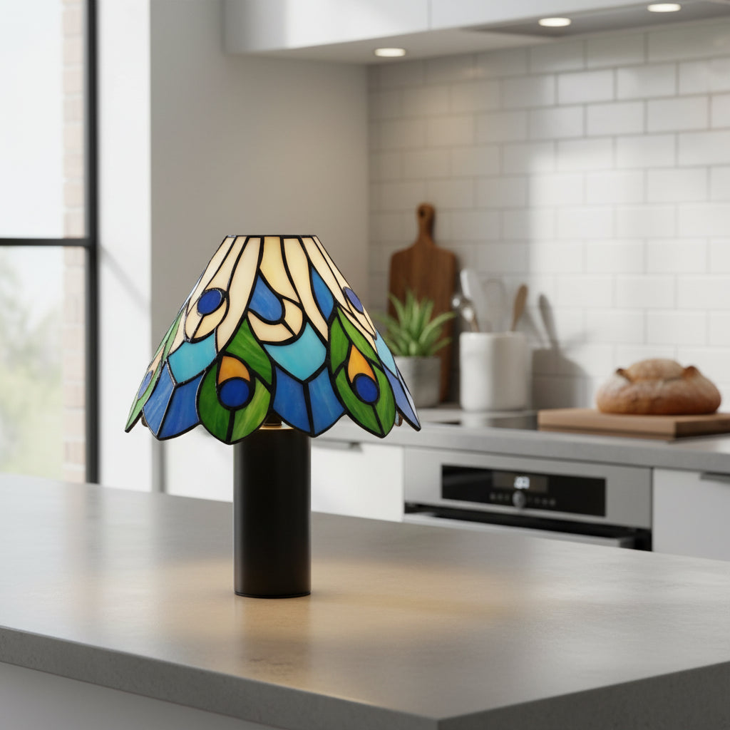 Abat-jour en Vitrail Tiffany Motif Paon Bleu Vert