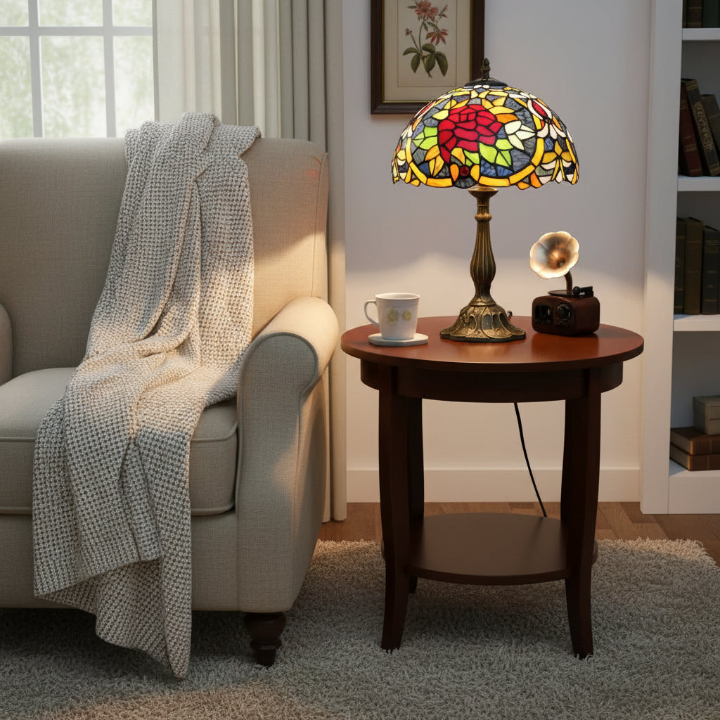 Lampe de Table Style Tiffany en Vitrail Rose Rouge