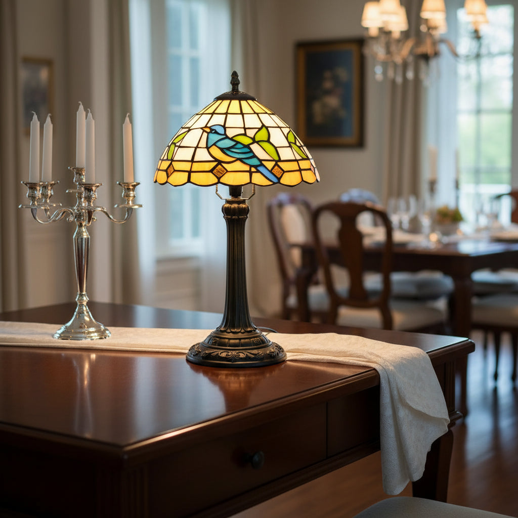 Lampe Tiffany en Vitrail à Motif Oiseau Bleu et Feuilles