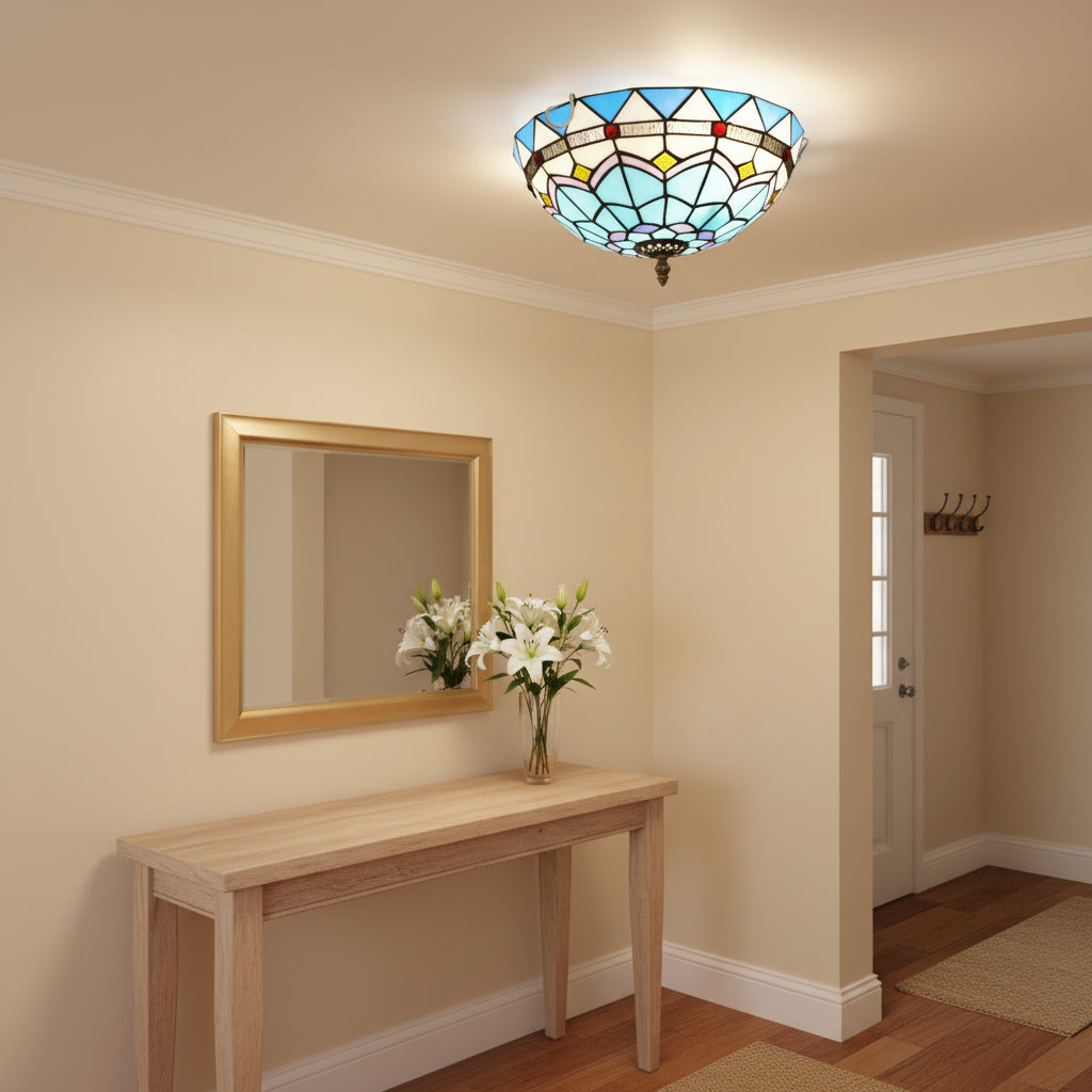 Plafonnier Dôme en Vitrail Tiffany Bleu Géométrique