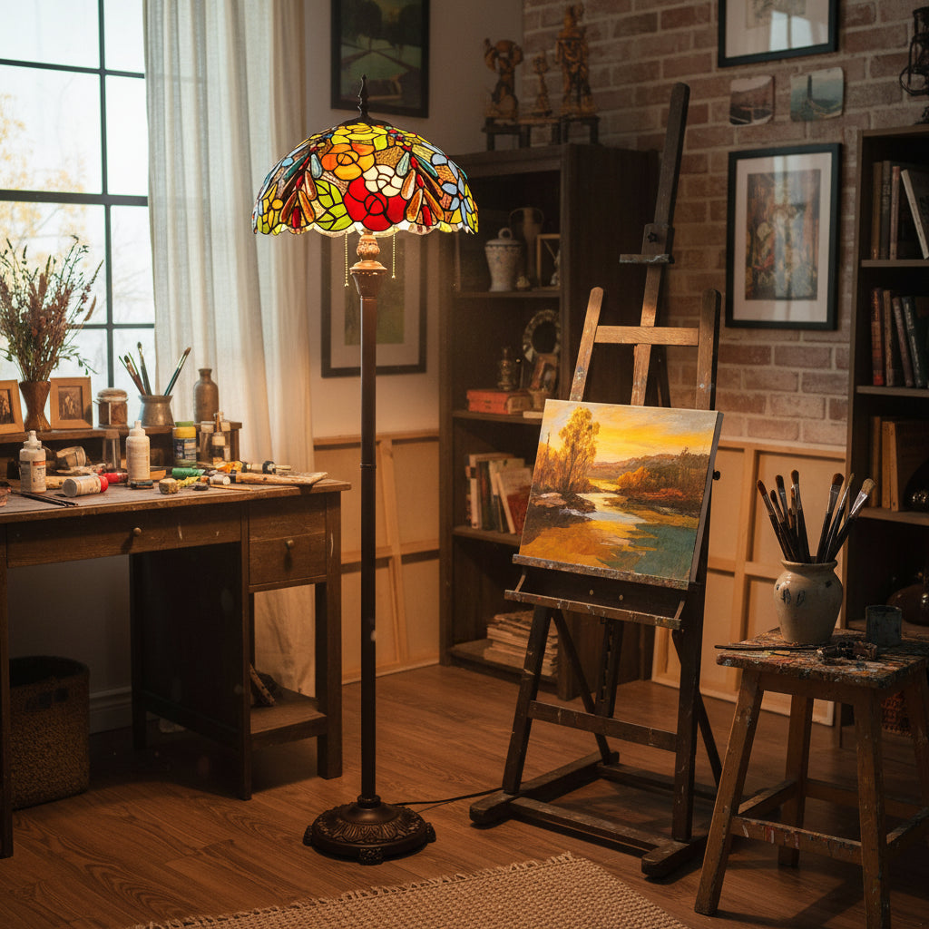 Lampadaire Style Tiffany Floral en Verre Multicolore