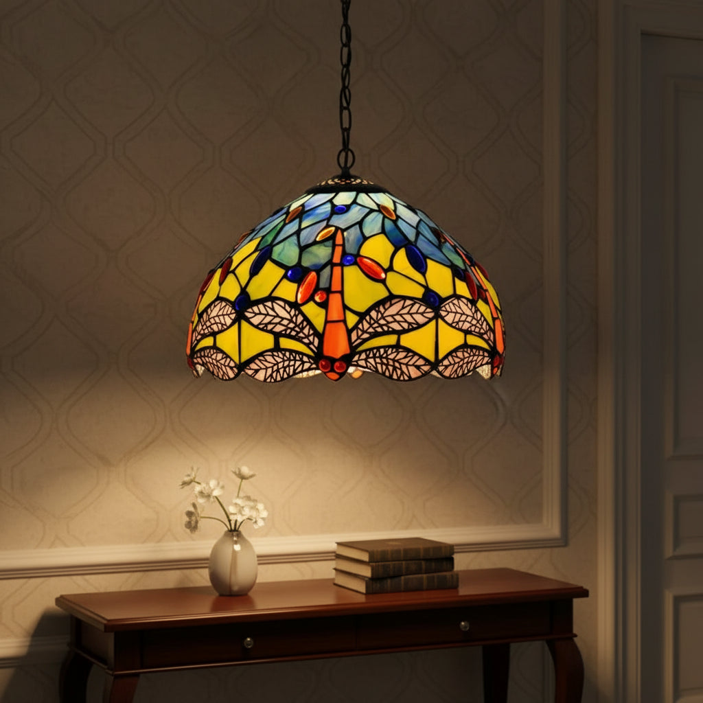 Suspension Tiffany en Vitrail Libellule Jaune Bleu