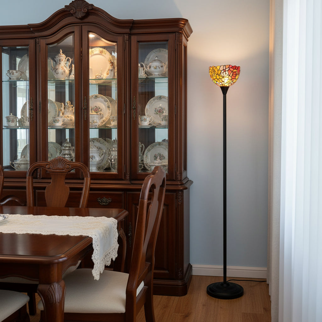 Lampadaire Style Tiffany en Verre Teinté Floral