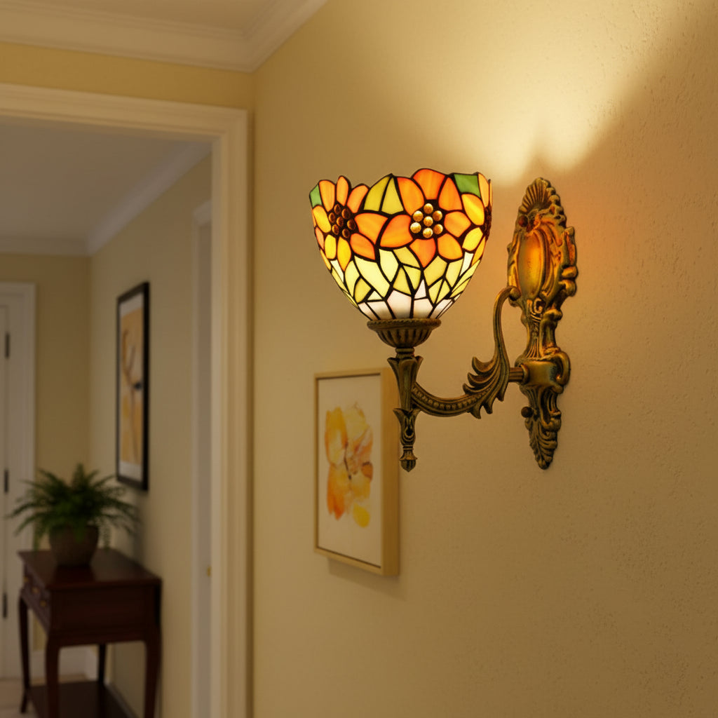 Applique Murale Tiffany Floral en Vitrail et Laiton Vieilli