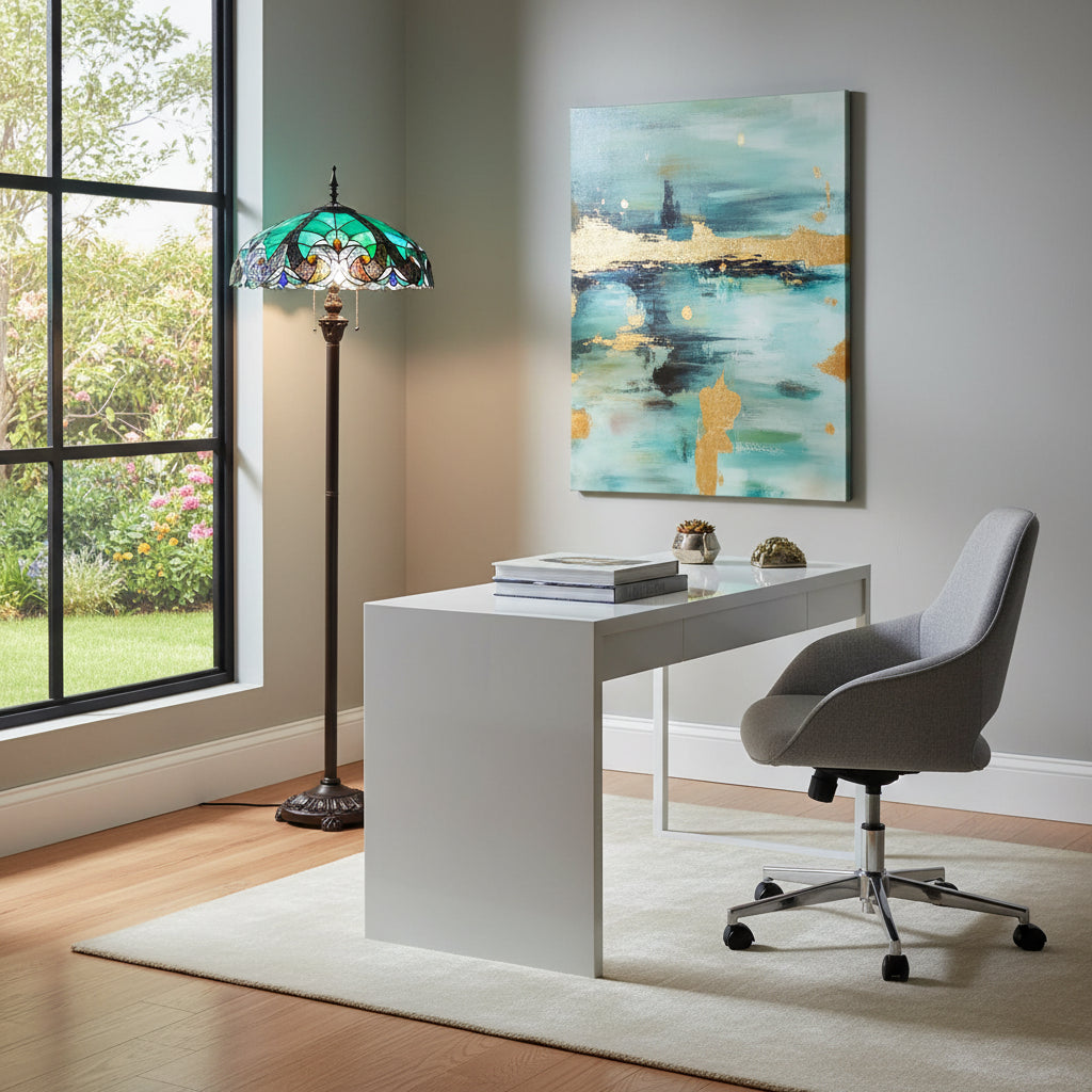 Lampadaire Style Tiffany en Verre Coloré Turquoise