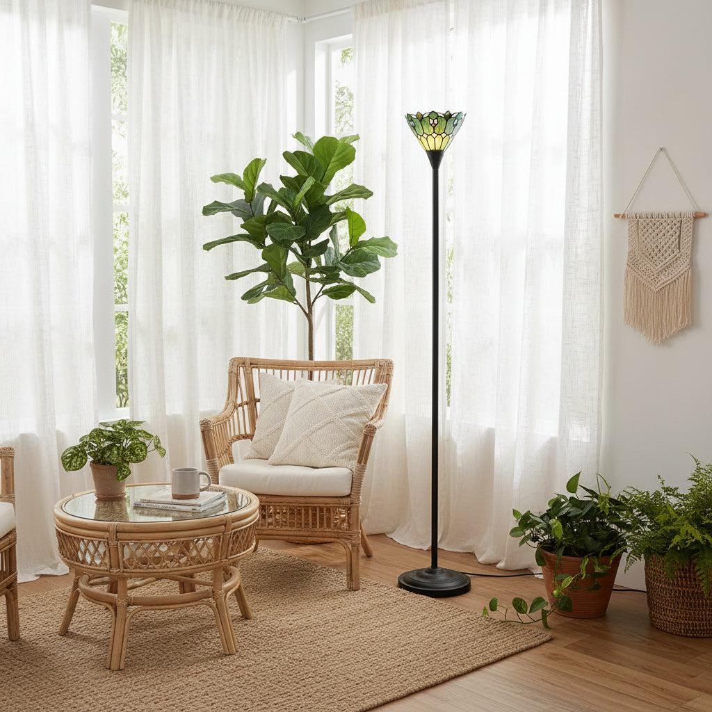 Lampadaire Style Tiffany en Vitrail Vert et Crème