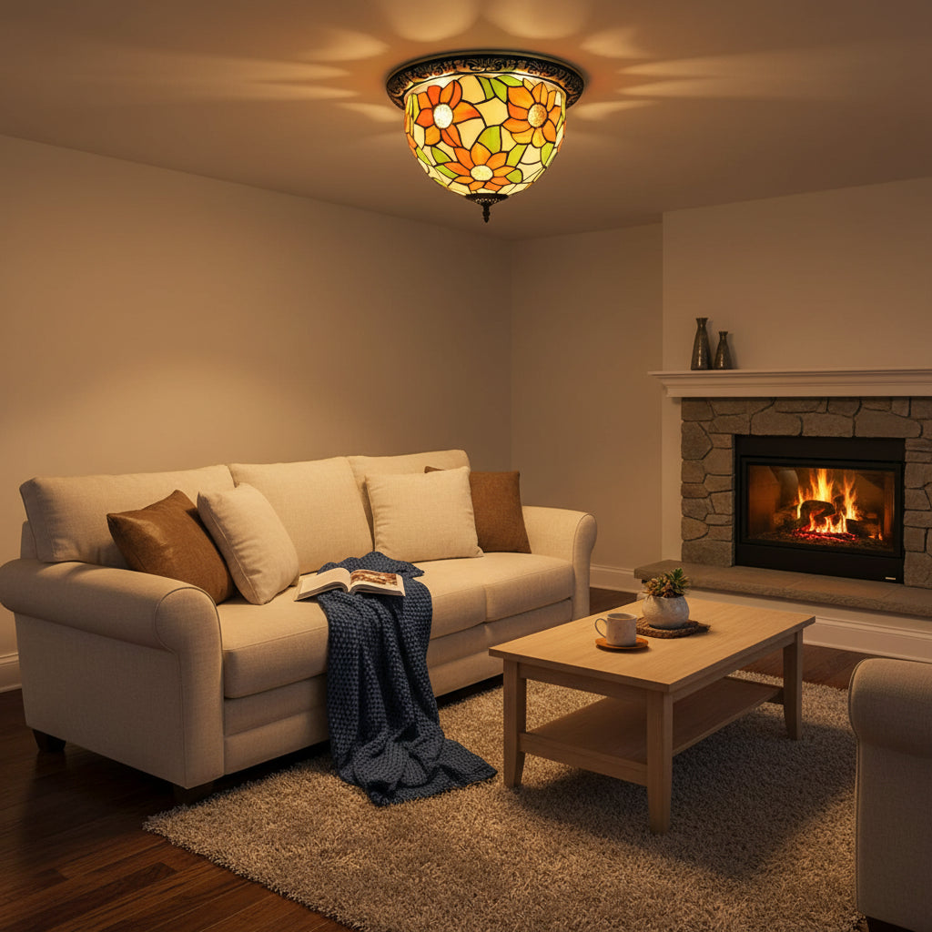 Plafonnier Rond en Verre Tiffany Tournesols Orange