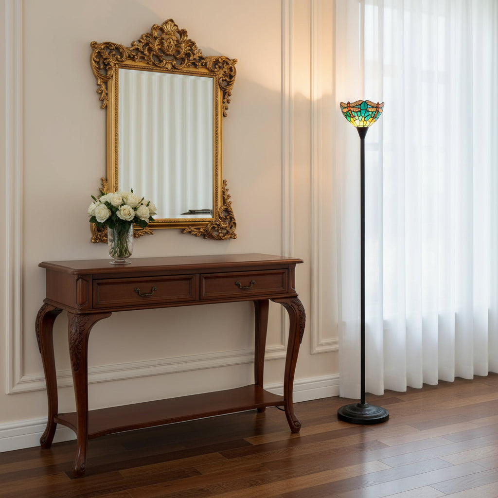 Lampadaire Style Tiffany en Vitrail Libellules