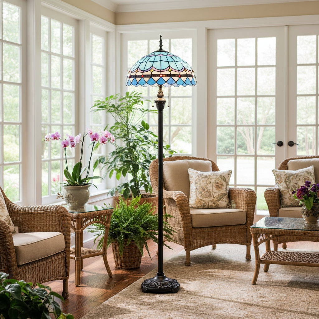 Lampadaire Style Tiffany en Vitrail Bleu et Multicolore