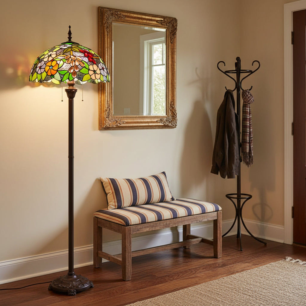 Lampadaire Style Tiffany en Verre Fleurs et Fruits