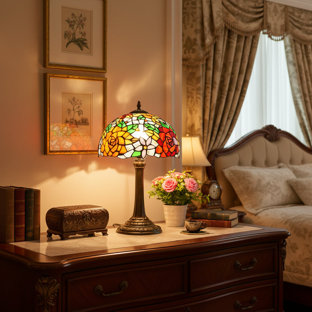 Lampe de Table en Vitrail Style Tiffany Roses