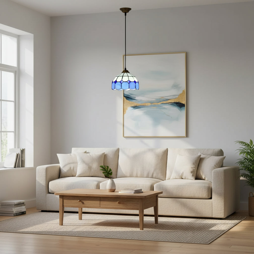 Suspension Luminaire Tiffany Géométrique Blanche et Bleue