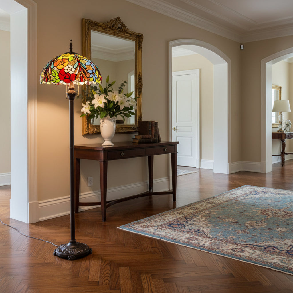 Lampadaire Style Tiffany Floral en Verre Multicolore