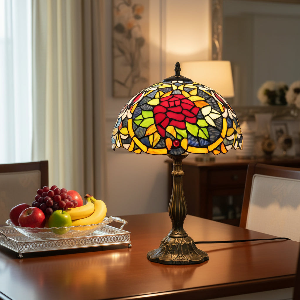 Lampe de Table Style Tiffany en Vitrail Rose Rouge
