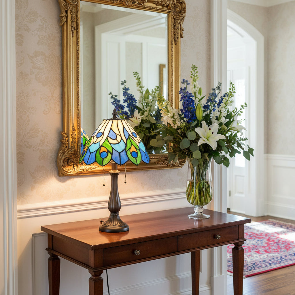 Abat-jour en Vitrail Tiffany Motif Paon Bleu Vert