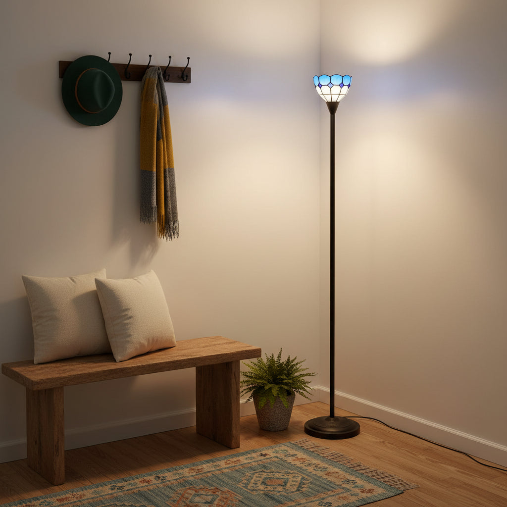 Lampadaire en Vitrail Bleu et Blanc à Forme de Tulipe