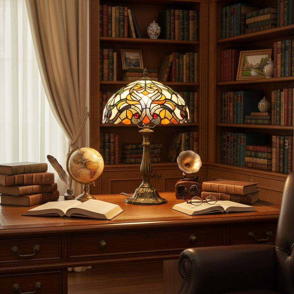 Lampe de Table Tiffany en Vitrail Ambre et Rouge