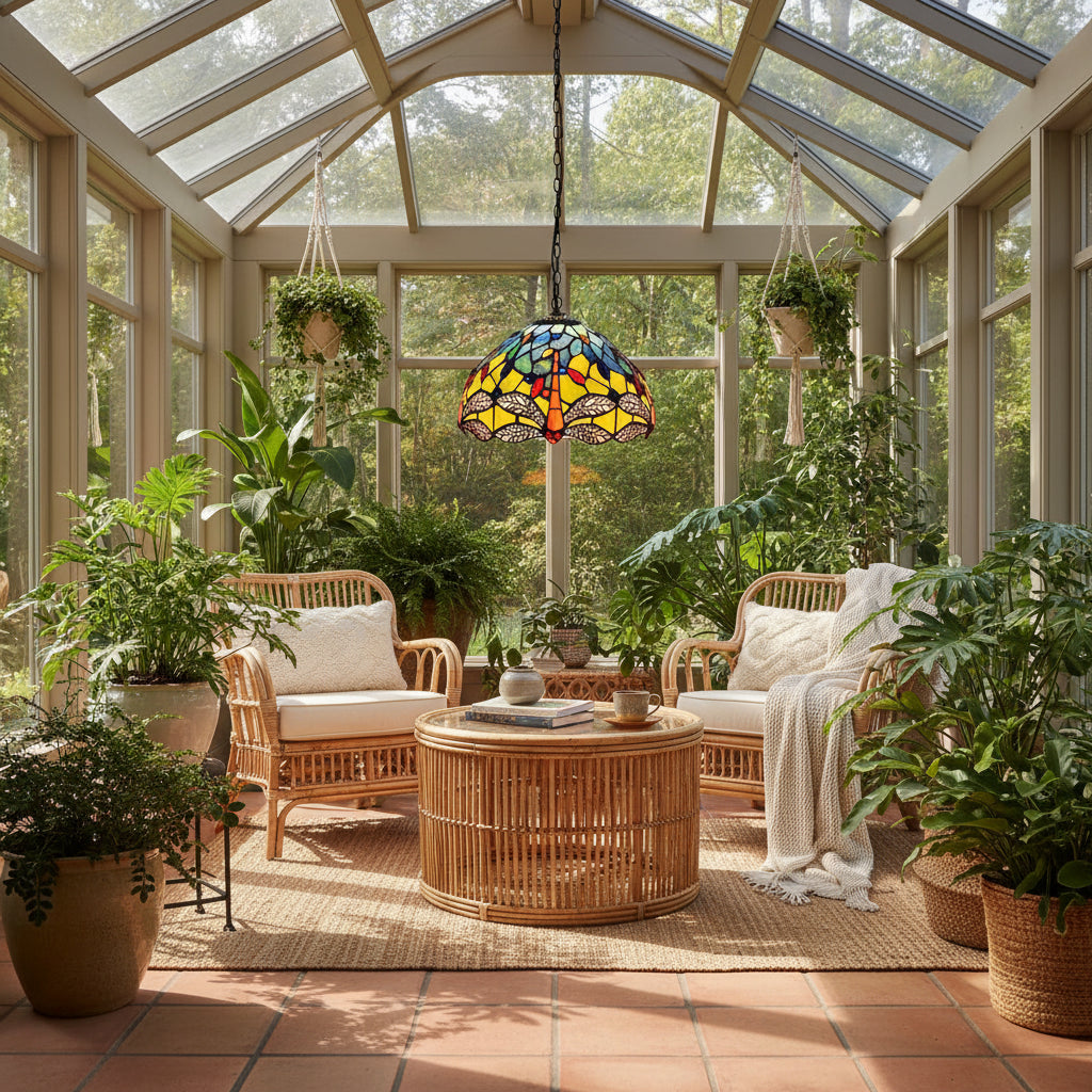 Suspension Tiffany en Vitrail Libellule Jaune Bleu