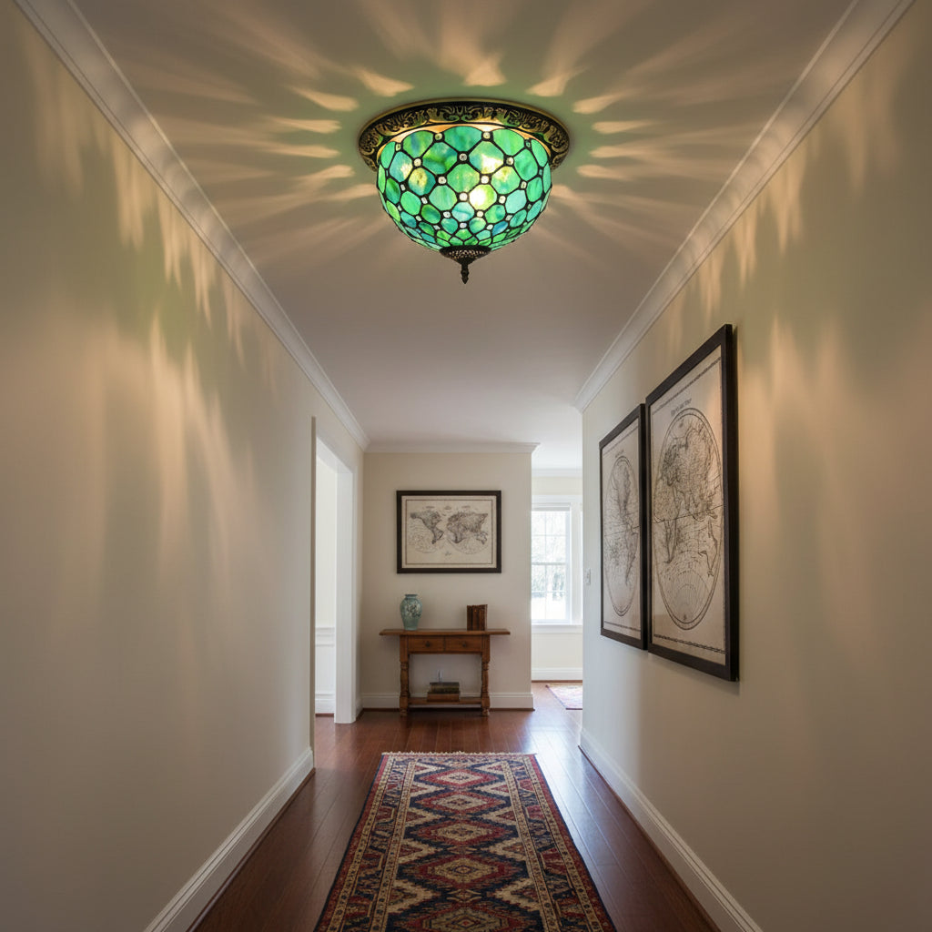 Plafonnier Style Tiffany en Vitrail Vert