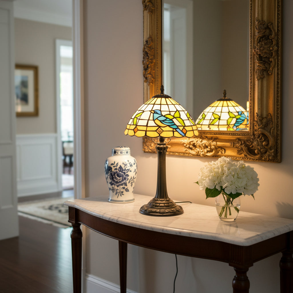 Lampe Tiffany en Vitrail à Motif Oiseau Bleu et Feuilles