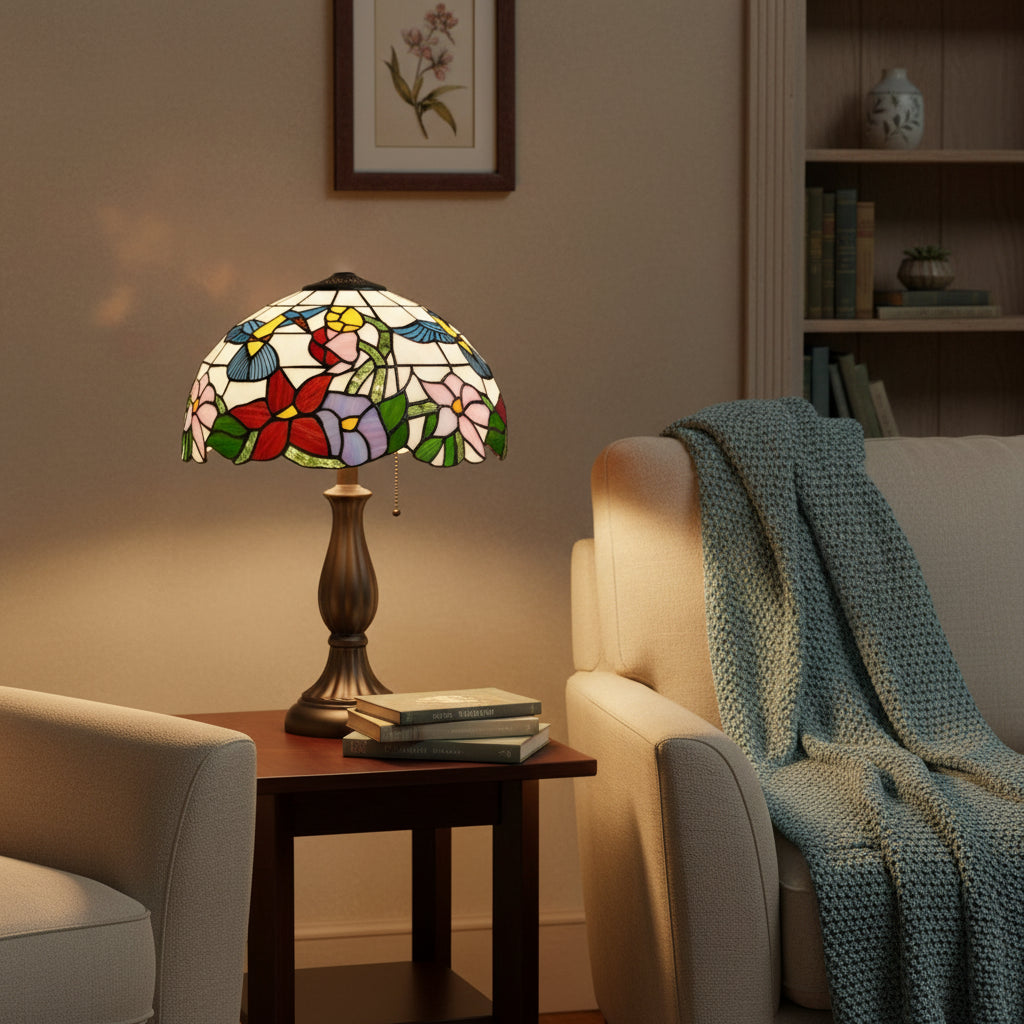 Abat-jour Tiffany en Vitrail Colibri et Fleurs