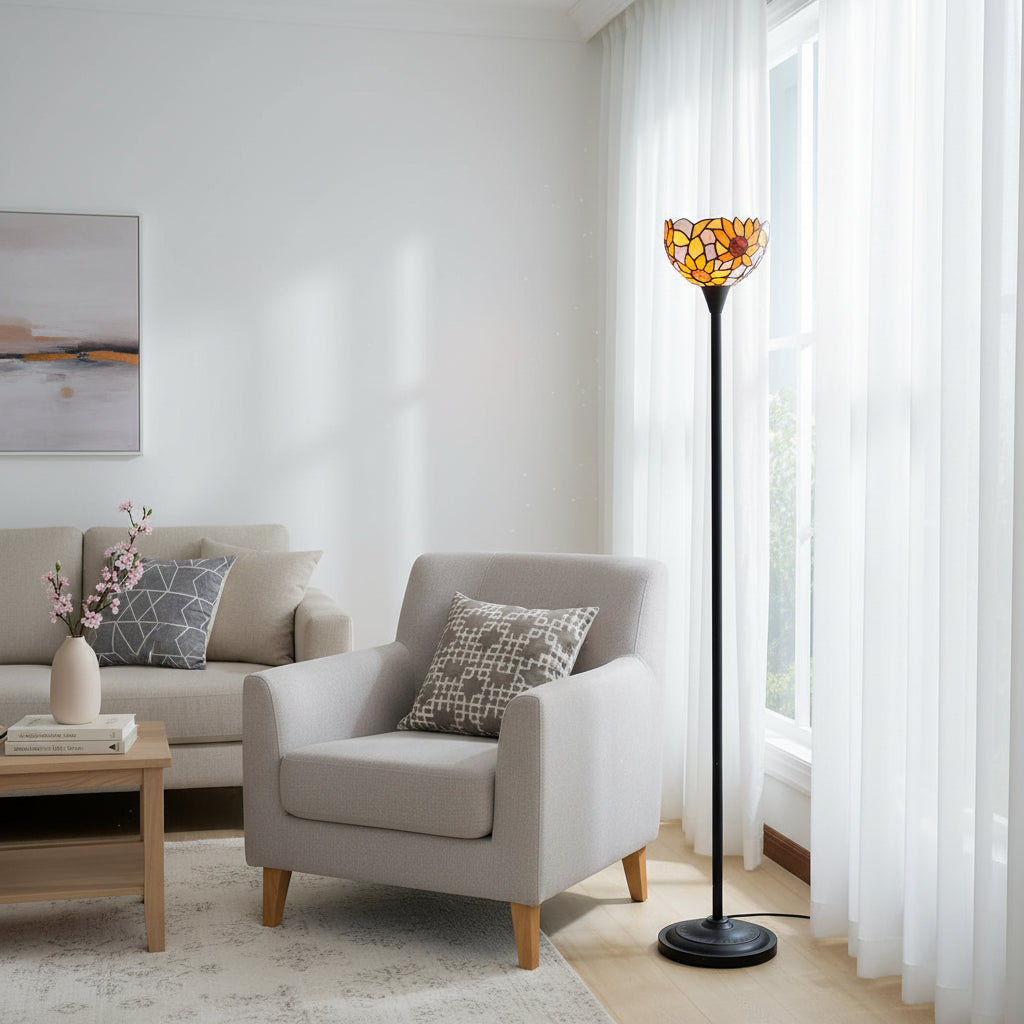 Lampadaire Tiffany Floral en Verre Jaune et Orange