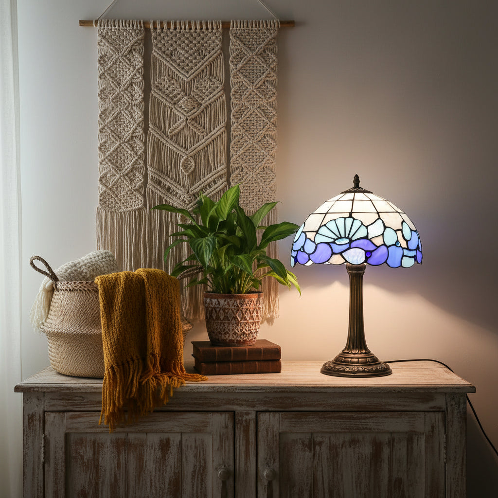 Lampe Tiffany à Motifs Coquillages Bleus et Lavande